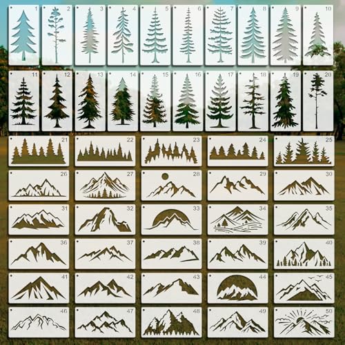 OOTSR 50 Stk Berge Kiefer Schablonen zum Basteln, 5x10cm Zeichnung Silhouette der Weihnachten DIY, Kunststoff Zeichenvorlagen für Scrapbooking Holz Ornamenten Leinwand Deko von OOTSR