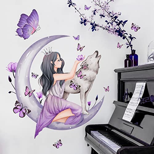 OOTSR Wandsticker für Mädchenzimmer, Mond Wolf Blume Fee Wandabziehbild, Rosa Blumen Wandtattoo Schmetterlinge Wanddekoration für Mädchen Baby Kinderzimmer Schlafzimmer Spielzimmer von OOTSR