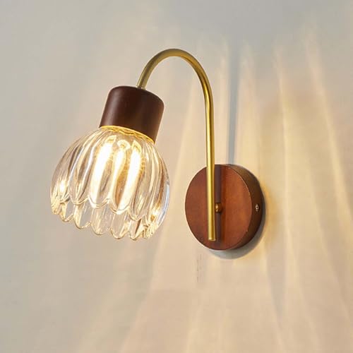 Holz Retro Innen Wandleuchte Blume Design Wandlampe Glas Lampenschirm E27 Gold Metall Wandbeleuchtung Vintage Dekorative Wandlichter für Wohnzimmer Schlafzimmer Korridor（mit Leuchtmittel） von OOWDMPE