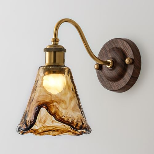 Holz Wandlampe Bernstein Glas Lampenschirm Vintage E27 Innen Wandleuchte Retro Gold Metall Wandbeleuchtung Dekorative Nachttischleuchte Wandlicht für Wohnzimmer Schlafzimmer（mit Leuchtmittel） von OOWDMPE