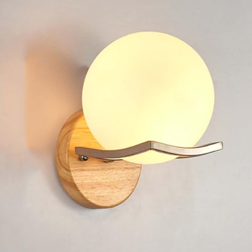 OOWDMPE Holz Wandleuchte mit Kugel Glas Lampenschirm E27 Retro Design Wandbeleuchtung Vintage Schlafzimmer Wandlampe Minimalistische Bett Wandlicht für Wohnzimmer Warmweiß 3000K（mit Leuchtmittel） von OOWDMPE