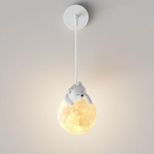 OOWDMPE Kinderzimmer Wandlampe Modern Design Bär Wandleuchte Inne 3D Druck Mondball G9 Wandbeleuchtung mit kugel Lampenschirm Kinder Wandlicht Deko für Schlafzimmer Wohnzimmer Jungen Mädchen Zimmer von OOWDMPE