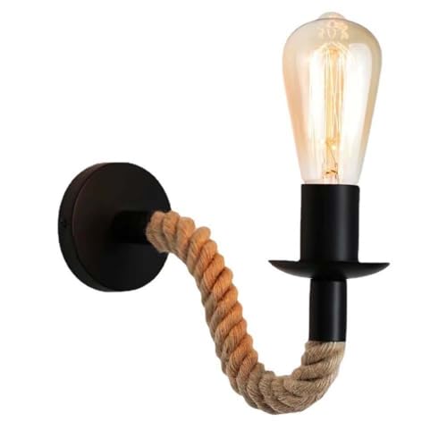 OOWDMPE Vintage Hanfseil Wandleuchte Innen E27 Wandlampe Retro Schwarz Metall Wandbeleuchtung Rustikal Stil Flurlampe Dekorative Wandlichter für Wohnzimmer Schlafzimmer Café（mit Leuchtmittel） von OOWDMPE