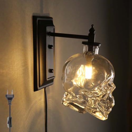 Schädel Wandleuchte mit Schalter und Stecker Vintage Schwarz Totenkopf Wandlampe Glas Lampenschirm G9 Totenkopf Lampe Wand Deko Retro Wandbeleuchtung für Schlafzimmer Bar Flur（mit Leuchtmittel） von OOWDMPE