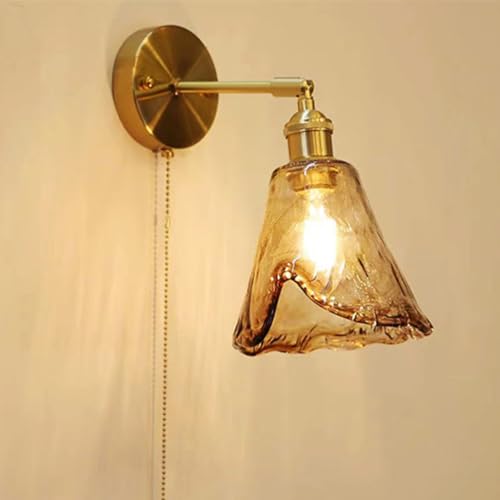 Vintage Wandlampe mit Schalter Retro Verstellbar Gold Metall Wandleuchte Innen Bernstein Glas Lampenschirm E14 Wandbeleuchtung Dekorative Schlafzimmer Wandlicht für Wohnzimmer（mit Leuchtmittel） von OOWDMPE