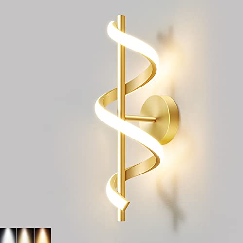 12W LED Wandleuchte Modern Spiral Innen Wandlampe Dimmbar 3 Lichtfarben Nachttischlampe Wellenförmig Flurlampe Deko Wandbeleuchtung mit 3-Bogen-Wicklung Design Lampe für Schlafzimmer Wohnzimmer,Gold von OOWOKS