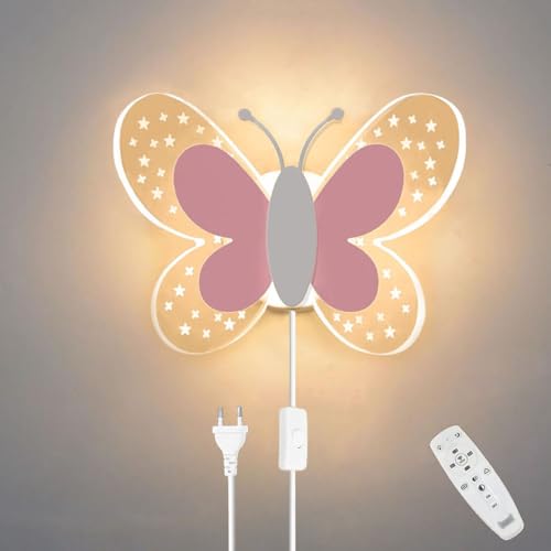 12W LED Wandleuchte mit Schalter Dimmbar Schmetterling Wandlampe Kinder Nachttischlampe mit Kabel Nachtlicht Modern Wandbeleuchtung mit Fernbedienung Innen Wandleuchte für Kinderzimmer Schlafzimmer von OOWOKS