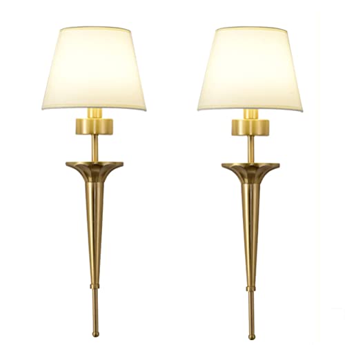 2-Set E14 Messing Wandleuchte mit Stoffschirm Wandlampe Klassisch Nachttischlampe Treppen Flurlampe Amerikanische Wandbeleuchtung Innen lampen für Schlafzimmer Wohnzimmer Hotel Flur Treppenhaus Cafés von OOWOKS