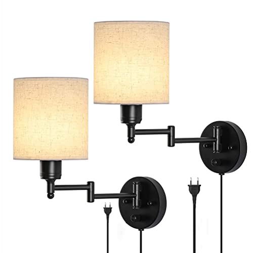 2-Set Innen Wandleuchte mit Schalter Einstellbare Schwenkbare Wandlampe mit Stecker Stoff Schirm Up-and-down-Beleuchtung Wandspot Nachttischlampe mit Kabel Wand Leselampe E27 Wandbeleuchtung Modern von OOWOKS