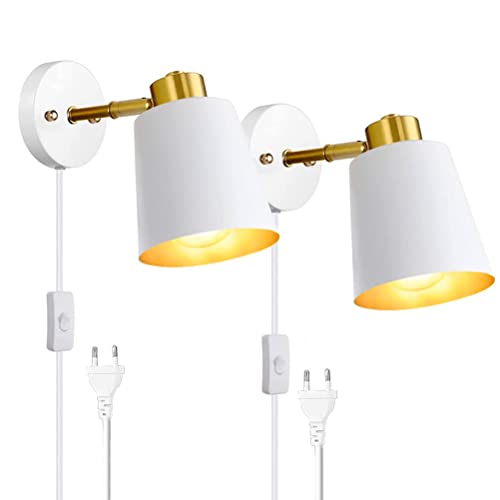 2-Set Wandleuchte mit Stecker und Kabel Schwenkbar Verstellbare Wandlampe mit Schalter Weiß Metall Schirm E27 Nachttischlampe Wand Leselampe Wandbeleuchtung für Schlafzimmer Wohnzimmer Kinderzimmer von OOWOKS