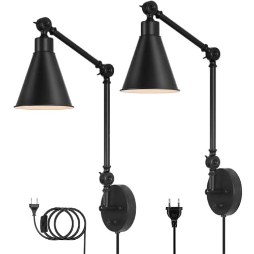2 Stück Schwarz Nachttisch Wandleuchte mit Schalter Retro Wandlampe Verstellbarer Schwenkarm Bettlampe Wand-Leselampe mit Stecker und 1.8m Kabel Innen E27 Wohnzimmer Schlafzimmer Wand Lampe Vintage von OOWOKS