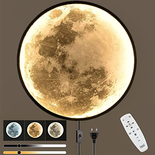 80cm 3D Mond Lampe 45W LED Wandleuchte Dimmbar mit Fernbedienung Wandlampe mit Schalter und Stecker Art Deco Wohnzimmerlampe Mond Nachtlicht Runde Wandbeleuchtung Lampe für Wohnzimmer Schlafzimmer von OOWOKS