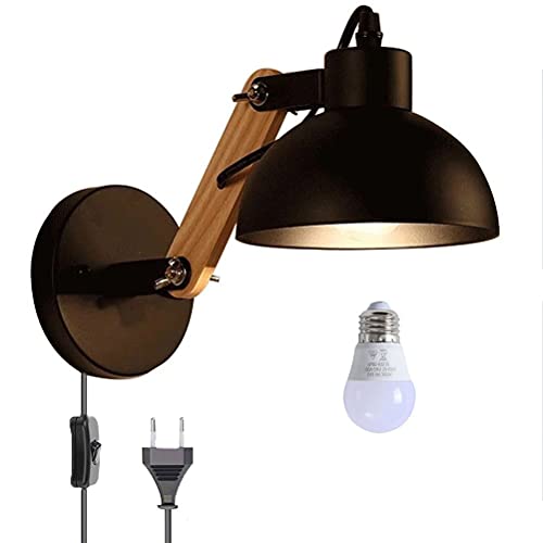 Antik Industrielle Wandlampe, Holzarm Wandleuchte mit Schalter und Stecker, Verstellbar SchwenkbarArm Wand-Leselampen Schlafzimmer Nachttischlampe Mit Kabel E27 Vintage Innen Beleuchtung,Schwarz von OOWOKS