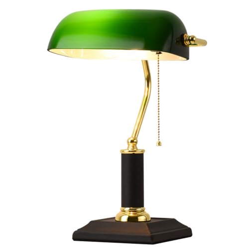 Antik Tischlampe Banker Leuchte Verstellbare grüne Glas Schreibtischlampe mit Zugschalter E27 Tischleuchte Innen Bankerslampe Bürolampe Bibliotheksleuchte 20er Jahre Dekor Desktop-Beleuchtung Lampe von OOWOKS