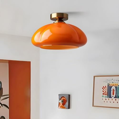 Deckenleuchte Glas Vintage, E27 Deckenlampe Rund Metall mit Orange Lampenschirm, Mid Century Leuchte Hängelampe Halbbündige Deckenleuchte für Wohnzimmer Schlafzimmer Küche Flur Deckenleuchte Glas Vintage, E27 Deckenlampe Rund Metall mit Orange Lampenschirm, Mid Century Leuchte Hängelampe Halbbündige Deckenleuchte für Wohnzimmer Schlafzimmer Küche Flur von OOWOKS