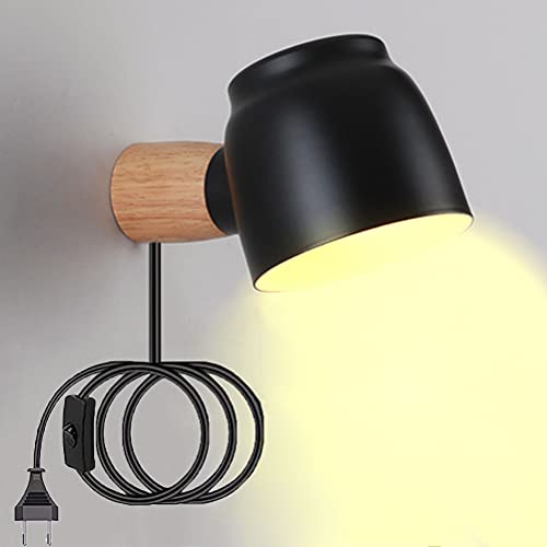 Drehbar Holz Wandleuchte Mit Stecker, Moderne Wandleuchtung Innen-Nachttischlampe Wand-Leselampe Wandlampe Mit Kabel Und Schalter 360°Schwenkbar Schwarz Metall Schirm, Für Schlafzimmer Wohnzimmer von OOWOKS