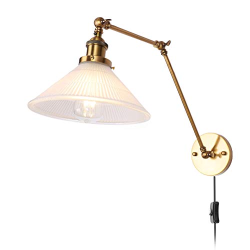 E27 Vintage Wandleuchte Verstellbarer Lange Arm mit Schalter Wand-Leselampe Rustikale Metall Wandlampe Nachttischlampe,1,8M Kabel mit Stecker, Glas Lampenschirm, für Schlafzimmer Wohnzimmer Esszimmer von OOWOKS