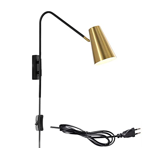 E27 Vintage Wandleuchte aus Metall mit Schalter, Industrie Bettlampe Wand-Leselampe mit Stecker und 1.8m Kabel, Wohnzimmer Wandstrahler 360° Schwenkbar Langer Arm, für Schlafzimmer Esszimmer,Gold von OOWOKS