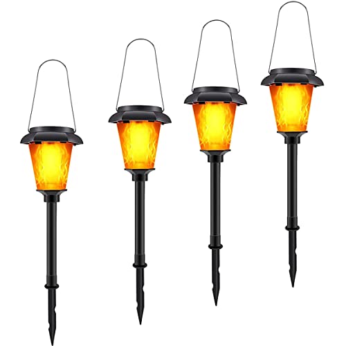 Flammenlicht Solar Gartenfackeln LED Solar Fackeln Außen Gartenlampe Deko Beleuchtung, IP65 Wasserdicht Solarlampen mit Haken und Erdspieß, Automatische Ein/Aus, für Hof Balkon Terrasse Rasen,4 pack von OOWOKS