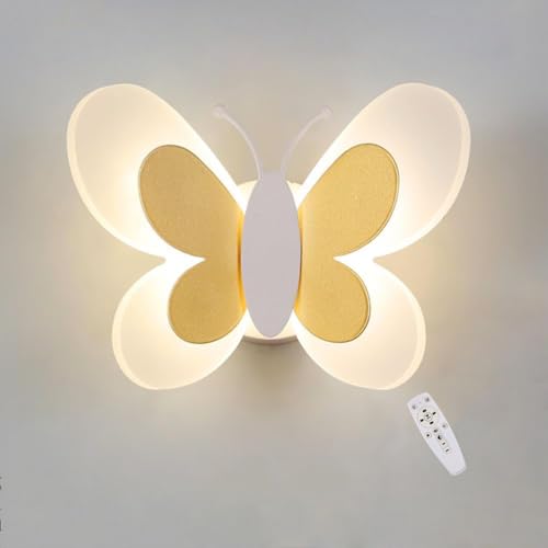 Gold Schmetterling Wandleuchte mit Fernbedienung 15W LED Wandlampe Dimmbar Innen Nachttischlampe Kinderlampe Modern Deko Wandbeleuchtung Schlafzimmerlampe Wandstrahler für Kinderzimmer Wohnzimmer Flur von OOWOKS