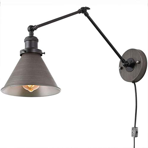 Industrial Vintage Wandlampe Verstellbare Metall Arm Wandleuchte mit Schalter und 1.8M Kabel Schlafzimmer Bettlampe Wand-Leseleuchte E27 Innen Wandbeleuchtung mit Stecker für Wohnzimmer Arbeitszimmer von OOWOKS