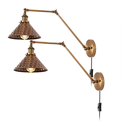 Industrial Vintage Wandleuchte mit Stecker Verstellbar Metall Langer Arm Innen Wandlampe Messingfarbigen, 1,8 m Kabel mit Schalter, E27 Wand-Leselampen Nachttischlampe, für Schlafzimmer Wohnzimmer von OOWOKS
