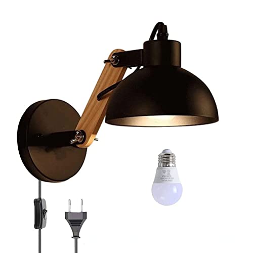 Industrielle Wandleuchte mit Holz Verstellbar Arm Wand Leselampe mit Kabel Schwarz Wandlampe Vintage E27 Industrial Retro Lampe mit Schalter Einstellbar Metall Schirm Wandbeleuchtung Innen Wandlicht von OOWOKS