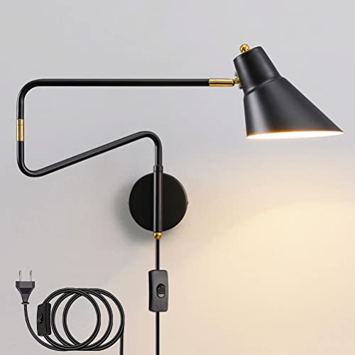 Industrielle Wandleuchte mit Schalter und Stecker, Wandlampe Verstellbar Metall Langer Arm, Wand-Leselampen mit Kabel Schwenkbar Nachttischlampe Schlafzimmer Wohnzimmerlampe Innen Wandbeleuchtung E27 von OOWOKS