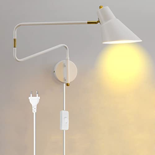 Industrielle Wandleuchte mit Schalter und Stecker, Wandlampe Verstellbar Metall Langer Arm, Wand-Leselampen mit Kabel Schwenkbar Nachttischlampe Schlafzimmer Wohnzimmerlampe Innen Wandbeleuchtung E27 von OOWOKS