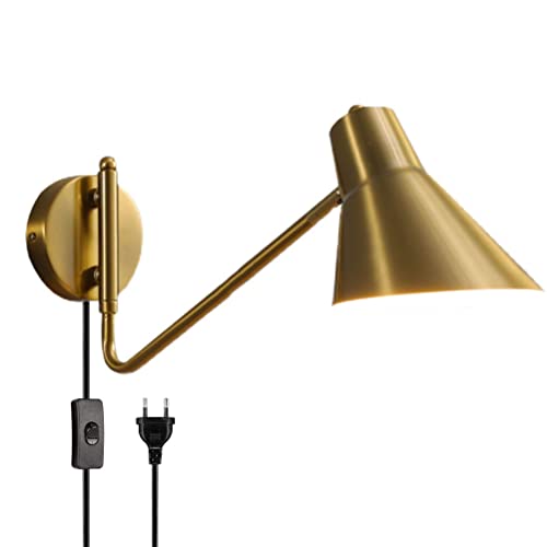 Innen Schwenkbar Wandleuchte mit Schalter Verstellbare Langer Arm Wandlampe mit Stecker Leselampe Wand-Nachttischlampe mit Kabel Metall Sprühfarbe Schirm E27 Wandspots für Schlafzimmer Wohnzimmer,Gold von OOWOKS