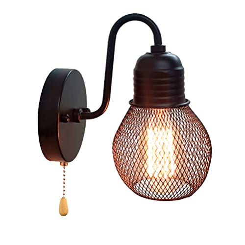 Innen Wandleuchte mit Schalter, Schwarz Retro Wandlampe mit Zugschalter E27 Lampenfassung Vintage Industrielampe Käfig Metall Lampenschirm Wandbeleuchtung für Schlafzimmer Wohnzimmer Balkon Loft,1pc von OOWOKS