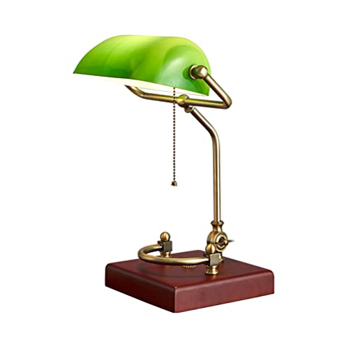 Klassisch Bankers-Lampe Tischleuchte-Lampe mit Zugschalter, Antik Bankerlampe grün Glasschirm Holzfuß Nostalgie Vintage Schreibtischlampe E27 Innen Nachttischlampe Leselampe Bürolampe Bibliothekslampe von OOWOKS