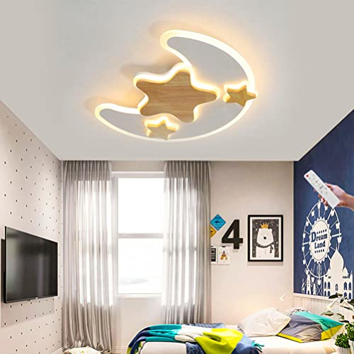 LED Deckenlampe Holz Sterne Mond Kinderlampe Modern Deckenleuchte Dimmbar mit Fernbedienung Kinderzimmerlampe Schlafzimmer Deckenbeleuchtung aus Metall und Acryl Pendellampe für Junge Mädchen 24W-41cm von OOWOKS