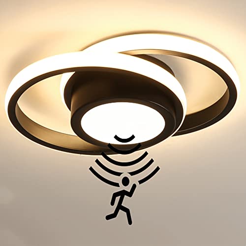 LED Deckenlampe mit Bewegungsmelder 32W Modern Innen 2 Ring Sensorlampe Deckenleuchte mit Tageslichtsensor Flur Deckenbeleuchtung mit Sensor für Treppe Wohnzimmer Balkon Küche BüRo Lampe,Schwarz 3000k von OOWOKS