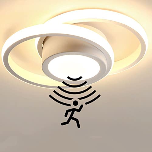 LED Deckenlampe mit Bewegungsmelder 32W Modern Innen 2 Ring Sensorlampe Deckenleuchte mit Tageslichtsensor Flur Deckenbeleuchtung mit Sensor für Treppe Wohnzimmer Balkon Küche BüRo Lampe,Weiß 6000k von OOWOKS