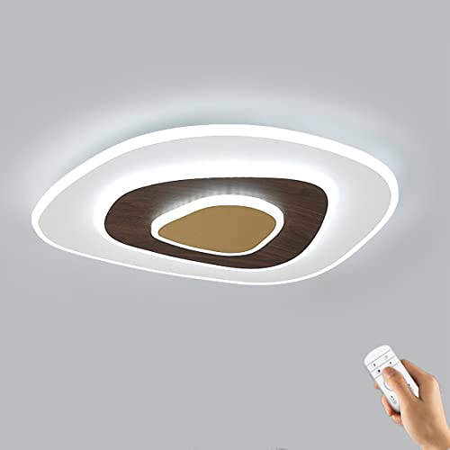 LED Deckenleuchte Holzoptik Wohnzimmerlampe 3-Etage Ring Deckenlampe 38W Dimmbar mit Fernbedienung, Acryl Schirm, Irreguläres Runde Dekorativ Deckenbeleuchtung for Schlafzimmer Flur, Ø54cm,Braun von OOWOKS