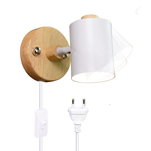 LED Holz Wandleuchte mit Schalter und Stecker, Innen Wandlampe mit Kabel Drehbar Wandspot Nachttischlampe Kinderzimmer Leselampe Einstellbar Weiß Metall Schirm Schlafzimmer Bett Nachtlicht Holzlampe von OOWOKS