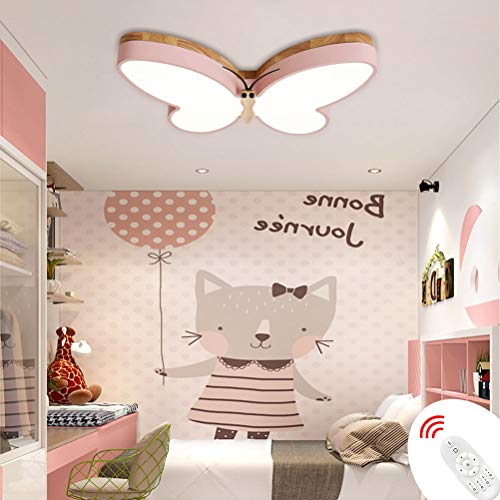 LED Kinder Deckenleuchte Holz Stufenloses Dimmbar Kinderzimmerlampe 32W im Modern Wohnzimmer Deckenlampe Schmetterling Leuchte Schlafzimmerlampe mit Fernbedienung Decken Licht Flur Lampen,Rosa,50cm von OOWOKS