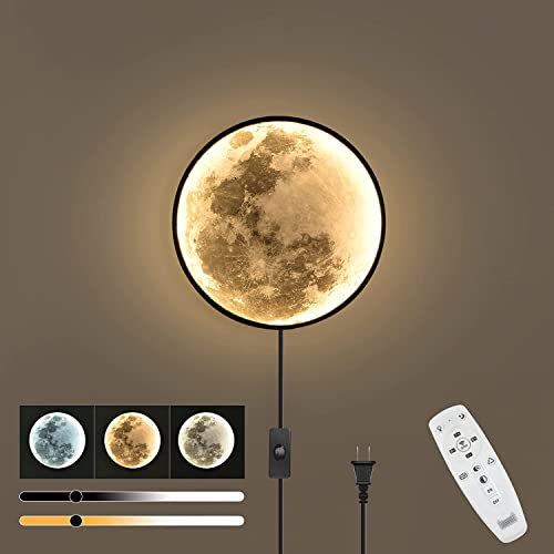 LED Mond Wandleuchte Dimmbar mit Fernbedienung Wandlampe mit Stecker und Kabel Schalter Nachtlichtmodus und Speicherfunktion Mond Nachtlicht für Kinder Modern Wandbeleuchtung Innen Rund Wall Light von OOWOKS