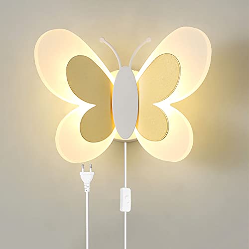 LED Wandleuchte mit Schalter, Kinderzimmer Schmetterling Lampe Modern Innen Wandlampe mit Stecker und kabel, Madchen Junge Nachttischlampe Schmetterling Nachtlicht für Kinder Dimmbar Wandbeleuchtung von OOWOKS