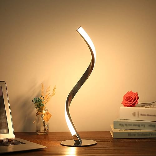 LED Spiral Tischlampe 8W Touch Control Dimmbar Tischleuchte aus Aluminium Chrom Modern Geschwungenes Design Nachttischlampe mit Kabel für Schlafzimmer Wohnzimmer Büro Deko von OOWOKS