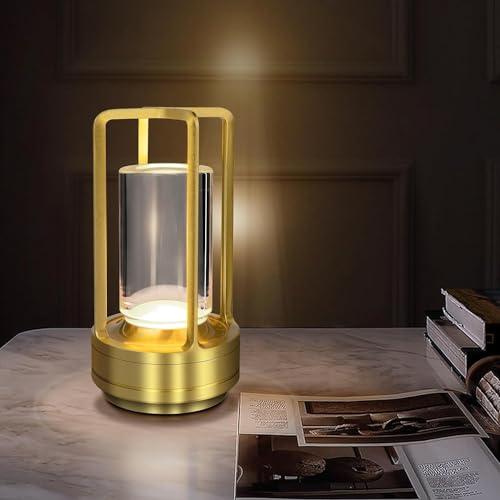 LED Tischlampe Kabellos Dimmbare Touch Akku Tischleuchte Wiederaufladbar Kristall-Laternen Lampe USB-C Aufladbar Batterie Indoor Outdoor Tischlampe für Restaurant Schlafzimmer Bar Esstisch,Gold von OOWOKS