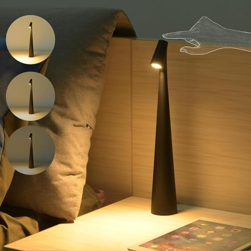 LED Tischlampe Kabellos Dimmbare mit Touch Control, LED Tischleuchte Akku Aufladbar, Tisch Lampe mit Batterie, Wiederaufladbar Tischlampe mit USB, Tragbare Metall Tischleuchte für Innen,Schwarz von OOWOKS