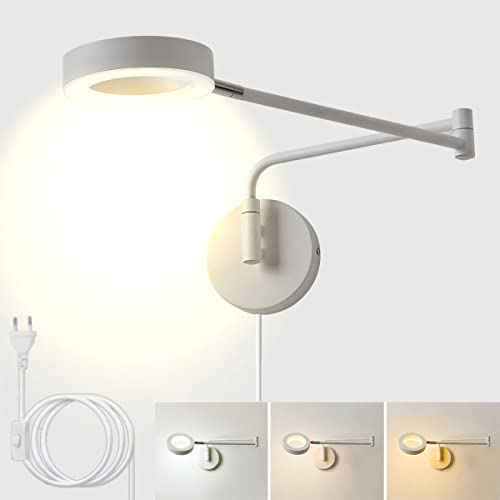 LED Wandlampe Innen mit Schalter und Stecker,8W Dimmbar Nachttisch Wandleuchte mit Kabel, Verstellbare Langearm Wand-Leselampen Ring Acrylschirm Modern Wandstrahler für Schlafzimmer Wohnzimmer,Weiß von OOWOKS