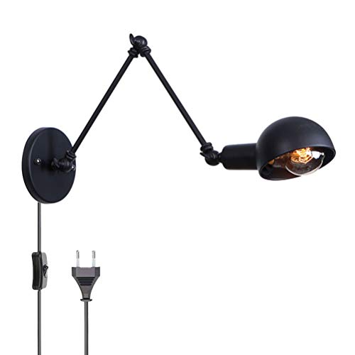 Lange Arm Wandleuchte mit Schalter, Verstellbar Retro Metallarm Wandlampe Vintage Innen Bettlampe Wohnzimmer Wand-Leselampen, mit Kabel Stecker, E27 Schwarz Innen leuchte für Schlafzimmer Wohnzimmer von OOWOKS