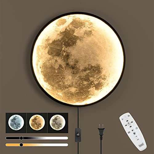 Modern LED Wandleuchte Innen Dimmbar Mond Wandlampe mit Stecker Runde Mond Design Deko Lampe Wand Nachttischlampe mit Kabel 3000K-6000K Fernbedienung Deckenleuchte Schlafzimmer Wandbeleuchtung Ø50CM von OOWOKS