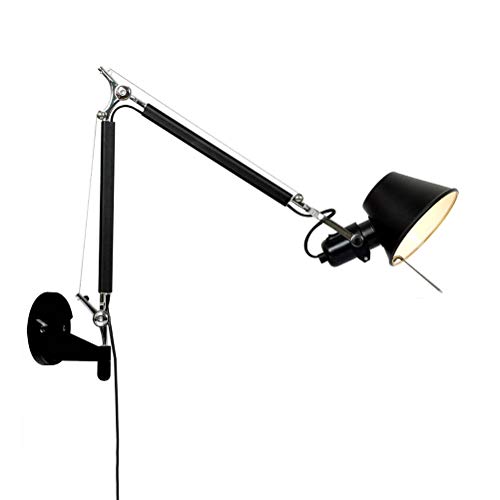 Modern Verstellbar Wandleuchte mit Schalter Stecker, Schwarz Nachttisch Wandlampe Schwenkbar Klapparm Aluminium Schirm Wand-Leselampe mit Kabe Beleuchtung, für Schlafzimmer Wohnzimmer Studieren Büro von OOWOKS