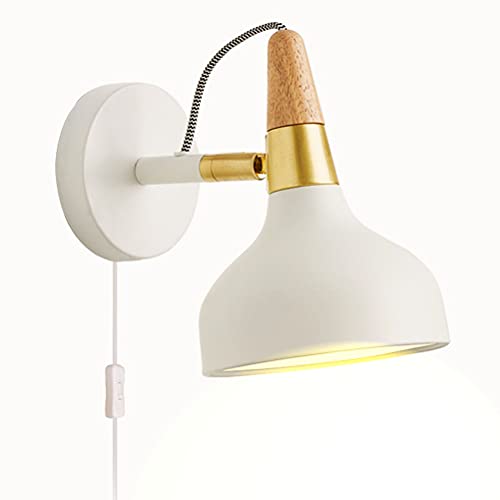 Modern Wandleuchte mit Schalter und Stecker, Verstellbar Nachttisch-Wandlampe Leselampe mit Kabel Wandleuchtung aus Metall und Holz E27 Innen Lampe für Schlafzimmer Wohnzimmer Kinderzimmer,Weiß von OOWOKS