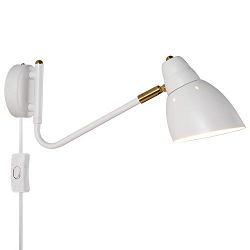 Modern Weiß Wandleuchte mit Schalter Verstellbarer Schwenkarm Wandlampe mit Stecker Nachttischlampe mit Kabel Wand-Leselampe Drehbar Metall Lampenschirm E27 Wandbeleuchtung für Schlafzimmer Wohnzimmer von OOWOKS