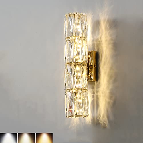 OOWOKS 24W LED Wandleuchte Kristall Moderne Wandlampe Innen Dimmbar 3 Farbtemperatur Nachttischlampe Wand Kristalllampe Wandbeleuchtung Edelstahl Basis Wandlicht für Schlafzimmer Bett Flur, Gold von OOWOKS